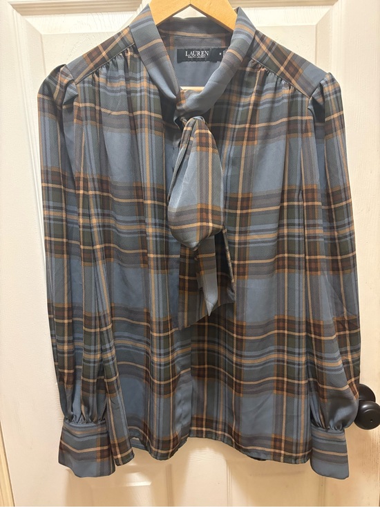 Lauren Ralph Lauren Tops - Lauren Ralph Lauren Plaid Tie Neck Bow Blouse Womans Sz M Blue Gray Brown